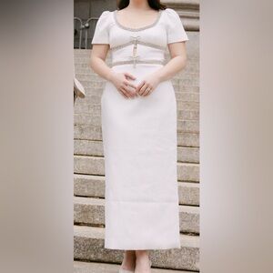 Self-Portrait White Bow Trim Midi Dress • Size US 4/UK 8